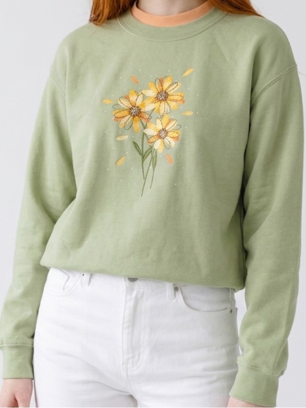 Sage Green Floral Crewneck Sweatshirt - Women's Casual Pullover